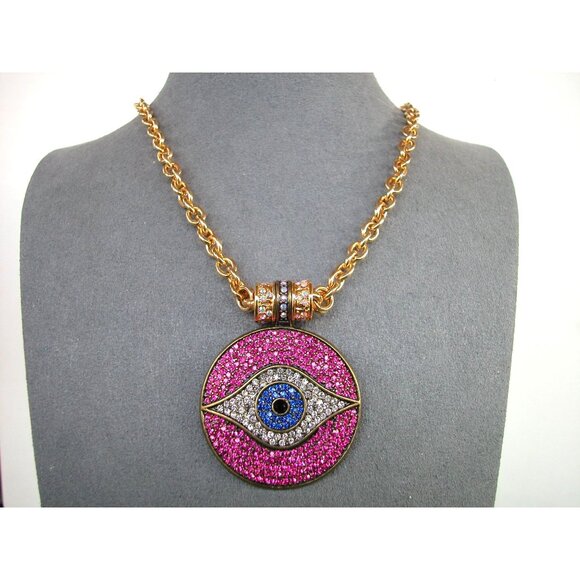 Kirks Folly Evil Eye Pendant Necklace Gold Tone Chain & Crystal Accents - Picture 2 of 5